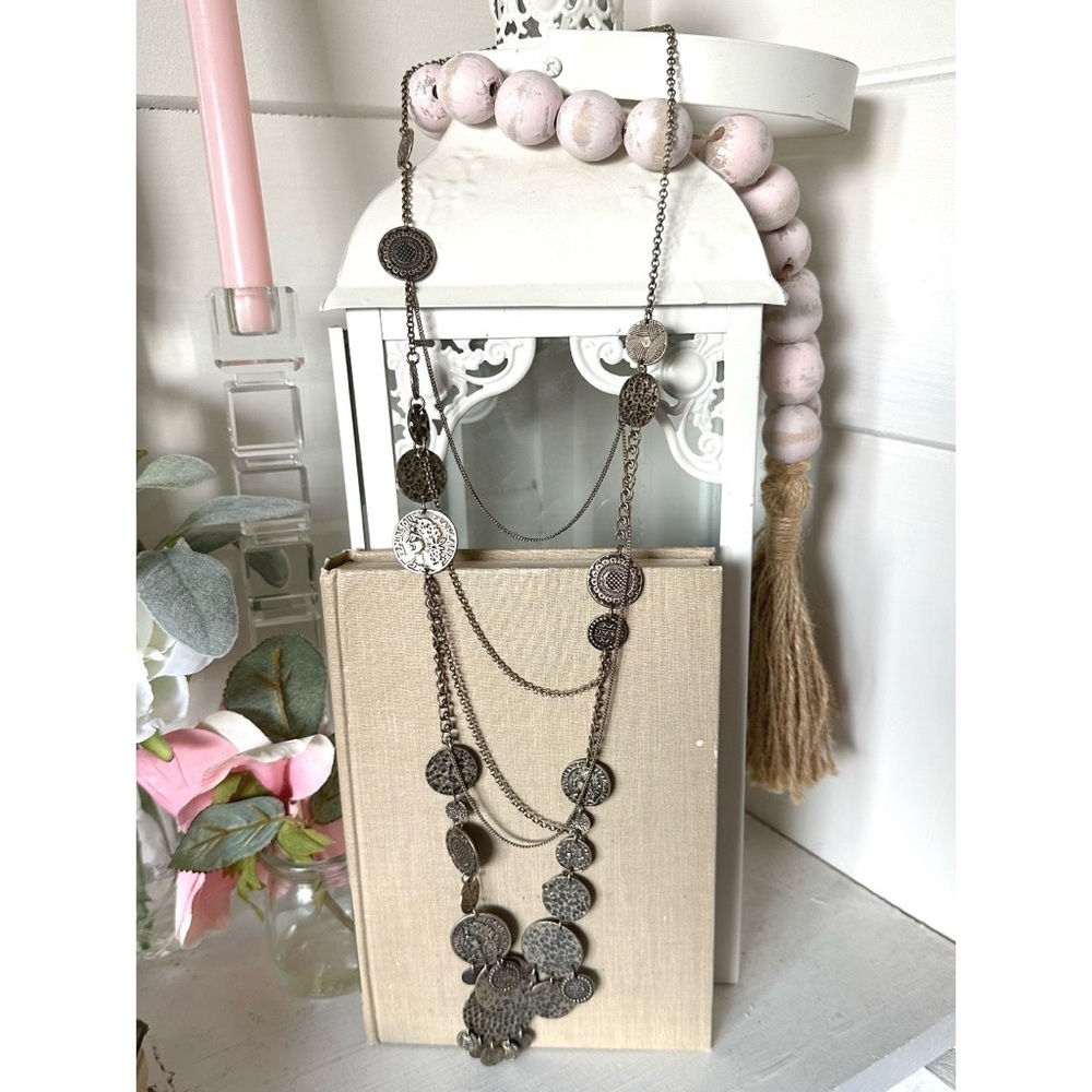 Long gold/bronze coin necklace